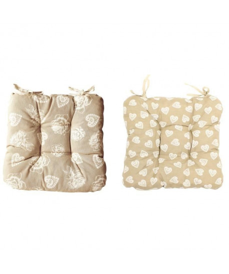 O\'CBO Lot de 2 galettes de chaises SHABBY MAX  38x38x8 cm  Beige  Motifs : Coeurs et roses