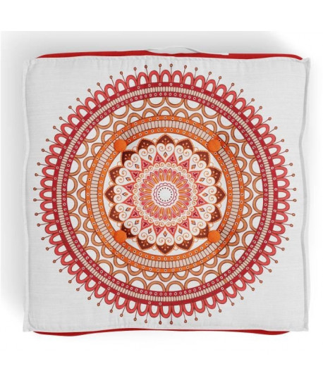 SOLEIL D\'OCRE Coussin de sol Mandala  40x40x8 cm  Blanc et orange corail