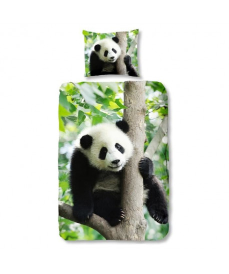 GOOD MORNING Parure de Couette Panda  1 housse de couette 140x200 cm  1 taie 60x70 cm noir, blanc et vert