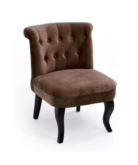 LIZY Fauteuil crapaud en bois pin massif  Velours marron chocolat  Classique  L 56 x P 63 cm