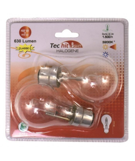 TEC HIT LIGHT Lot de 2 ampoules halogenes B22 42 W équivalent a 55 W blanc neutre