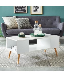 ANNETTE Table basse scandinave décor blanc  pieds en bois eucalyptus  L 90 x l 45 cm