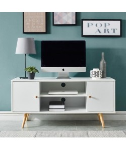 ANNETTE Meuble TV scandinave décor blanc  pieds en bois eucalyptus  L 116 cm