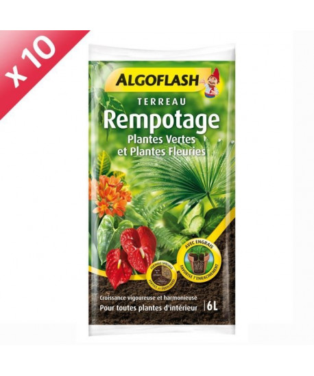 ALGOFLASH Lot de 10 sacs de Terreau Rempotage Plantes vertes et plantes fleuries  6 L