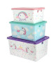 Lot de 3 boites de rangement Licornes pour enfant  Plastique  13 L / 23 L / 35 L  Rose, vert et violet