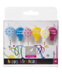 LE CHAT Lot de 6 bougies d\'anniversaire Ballons  Collection Happy Birthday  2,2x10x11 cm  Sur pic