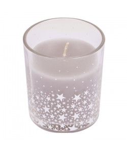 Bougie verrine en cire argenté  Ř 7 x H 8 cm  Design étoiles blanches