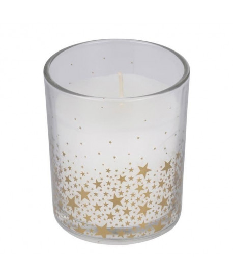 Bougie verrine en cire blanche  Ř 7 x H 8 cm  Design étoiles doré