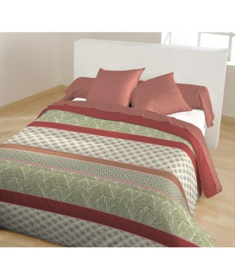 CALINE Couette imprimée Mia  140 x 200 cm  Olive safran  1 coussin uni assorti 60 x 60 cm