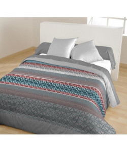 CALINE Couette imprimée Florian  140 x 200 cm  Bleu gris  1 coussin uni assorti 60 x 60 cm