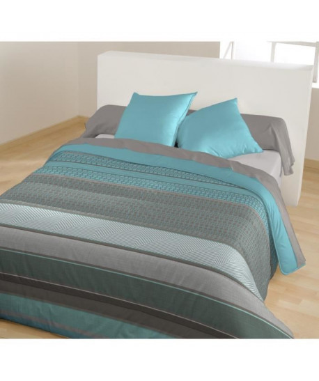 CALINE Couette imprimée Crys  140 x 200 cm  Bleu paon  1 coussin uni assorti 60 x 60 cm