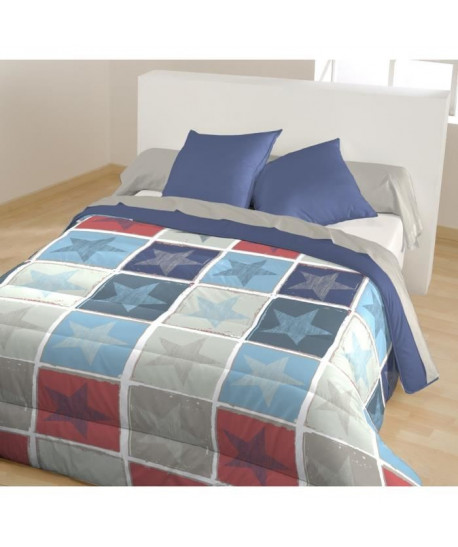 CALINE Couette imprimée Léon  220 x 240 cm  Bleu marine et rouge  2 coussins unis assortis 60 x 60 cm