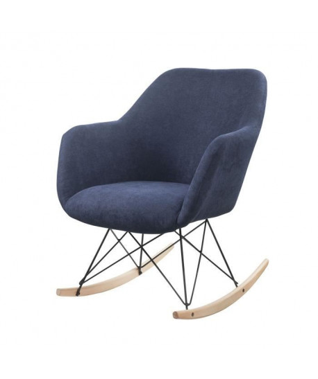 MENSH Fauteuil a bascule Rocking Chair  Tissu bleu marine  Pieds bois massif  scandinave  L 67 x P 75 cm