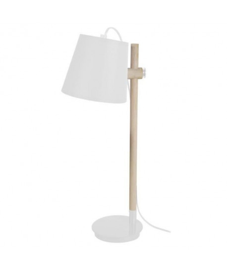 HARRI Lampe de bureau en métal et bois avec abatjour tambour en tissu  Ř 18 x H 48 cm  E14 40 W  Blanc