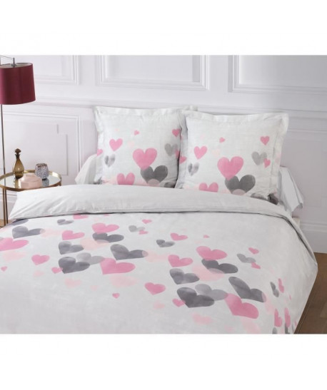 VISION Parure de couette Eugénie 100% coton  1 Housse de couette 220x240 cm  2 Taies d\'Oreillers 65x65 cm  Gris clair et rose