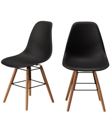 RENA Lot de 2 chaises de salle a manger noir satiné  pieds en bois hetre massif  Scandinave  L 52 x P 46,5 cm