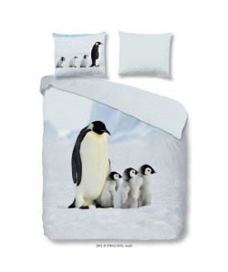 GOOD MORNING Parure de couette PINGUINS 100% coton  1 housse de couette 200x200 cm et 2 taies d\'oreiller 60x70 cm  Gris