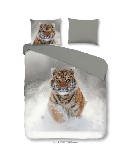 GOOD MORNING Parure de couette SNOW TIGER 100% coton  1 housse de couette 200x200 cm et 2 taies d\'oreiller 60x70 cm  Gris