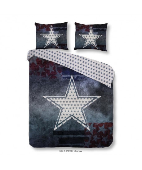 GOOD MORNING Parure de couette Tatoo USA 100% coton  1 housse de couette 200x200 cm  2 taies d\'oreillers 60x70 cm bleu et blanc