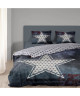 GOOD MORNING Parure de couette Tatoo USA 100% coton  1 housse de couette 200x200 cm  2 taies d\'oreillers 60x70 cm bleu et blanc