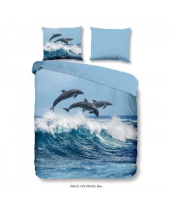 GOOD MORNING Parure de couette DOLPHINS 100% coton  1 housse de couette 200x200 cm et 2 taies d\'oreiller 60x70 cm  Bleu