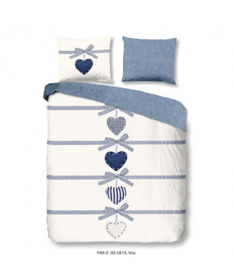 GOOD MORNING Parure de couette HEARTS & BOWS 100% coton  1 housse de couette 200x200 cm et 2 taies d\'oreiller 60x70 cm  Bleu