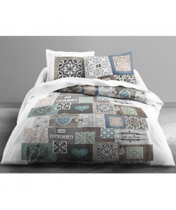 TODAY Parure de couette 100% coton MAWIRA SWEET HOME  1 housse de couette 220x240 cm  2 taies 63x63 cm blanc, bleu et gris