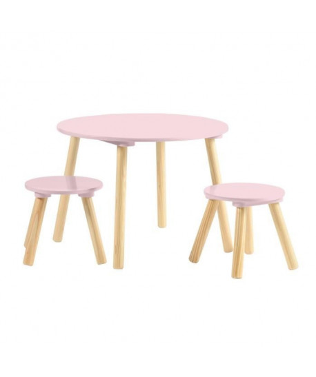 FAGOTIN Table ronde  2 tabourets pour enfant  Contemporain  Rose mat  Pieds en bois pin massif  Ř 60 et Ř 26 cm