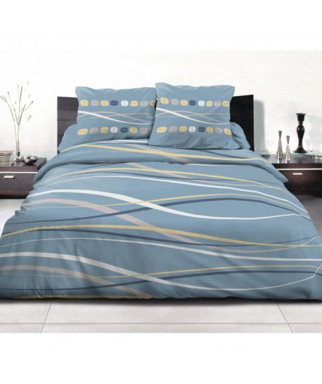 Parure de Couette 100% Coton VAGUE  1 Housse de Couette 240x260 cm  2 Taies d\'Oreillers  Denim