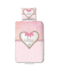 GOOD MORNING Parure de couette PINK HEART 100% coton  1 housse de couette 140x200 cm  1 taie d\'oreiller 60x70 cm  Rose