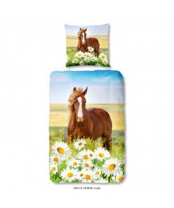 GOOD MORNING Parure de couette HORSE 100% coton  1 housse de couette 140x200 cm  1 taie d\'oreiller 60x70 cm  Multicolore