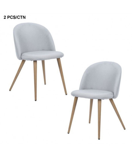 ZOMBA Lot de 2 Chaises de salle a manger  Métal revetu de tissu gris clair  pieds décor bois  Scandinave  L 48 x P 50 cm