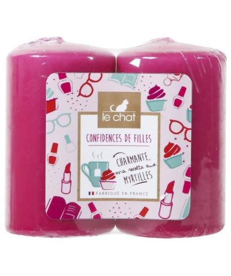 LE CHAT Lot de 2 bougies Confidences de filles  Moyen format : Ř 4,8 x H 8 cm  Parfum : myrtille  Couleur : rose