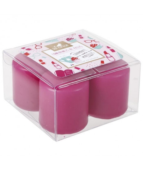 LE CHAT Lot de 4 bougies Confidences de filles  Petit format : Ř 3,8 x H 4 cm  Parfum : myrtille  Couleur : rose