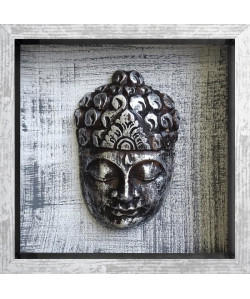 BOUDDHA Tableau déco Cadre coffre 20x20 cm beige et gris