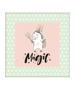 Image encadrée type coffre Licorne magic  MDF  22x22 cm  Vert,rose et blanc  Moulure blanc mat 40x15 cm