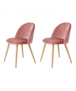 ZOMBA Lot de 2 chaises en velours rose  Pieds décor bois  Scandinave  L 46 x P 50 cm