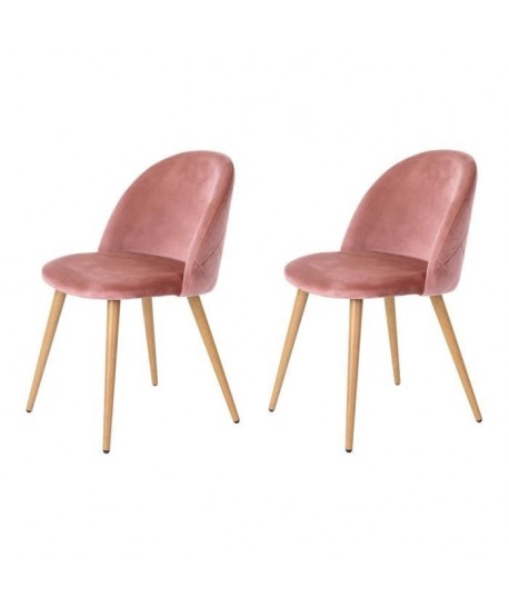 ZOMBA Lot de 2 chaises en velours rose  Pieds décor bois  Scandinave  L 46 x P 50 cm