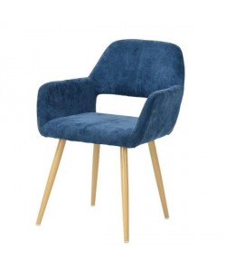 CROMWELL Chaise de salle a manger en métal imprimé bois  Revetement tissu bleu foncé  Scandinave  L 56 x P 56 cm