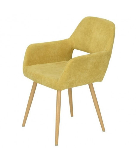 CROMWELL Chaise de salle a manger en métal imprimé bois  Revetement tissu jaune  Style scandinave  L 56 x P 56 cm