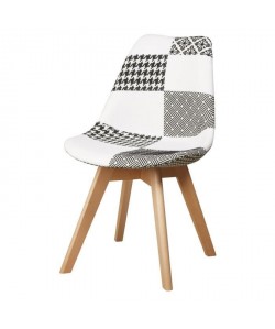 MARTINS Chaise en tissu patchwork gris et blanc  pieds en bois naturel  Scandinave  L 51 x P 57 cm