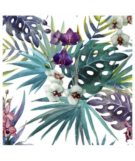 Image encadrée type coffre Feuilles tropicales  MDF  35x35 cm  Violet et vert  Moulure blanc mat 40x15 cm