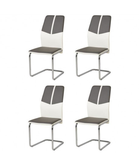 MARBELLA Lot de 4 chaises de salle a manger en métal  Simili gris et blanc  Contemporain  L 44 x P 44 cm