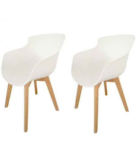 LUKA Lot de 2 chaises de salle a manger  Pieds en bois hetre naturel  Assise blanc  Style contemporain  L 52,5 x P 55 cm