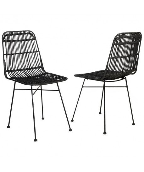 ELIA Lot de 2 chaises en rotin noir  Pieds en métal  Ethnique  L 44 x P 40 cm