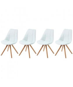 FRIDA Lot de 4 chaises de salle a manger pieds bois hetre massif  Tissu blanc capitonné  Style scandinave  L 48 x P 56 cm