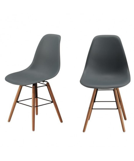 RENA Lot de 2 chaises salle a manger  Gris  Pieds bois hetre massif  Scandinave  L 52 x P 46,5 cm