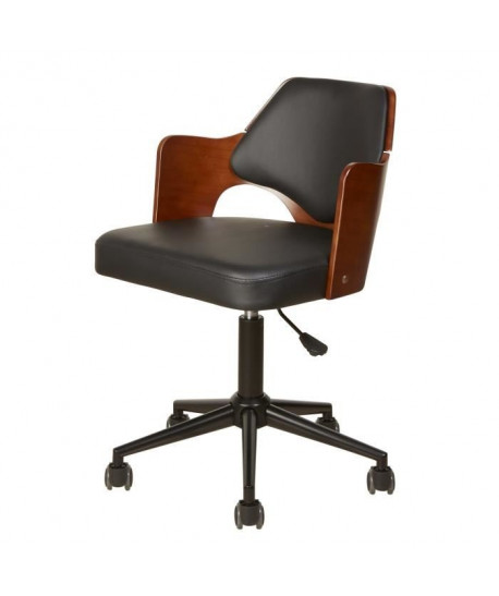 KIRUNA Chaise de bureau en simili noir  Accoudoirs bois  Style contemporain  L 49 x P 51 cm