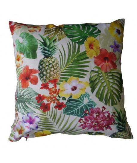 O\'CBO Coussin déhoussable 100% coton ANANAS FEUILLAGE FLEURS 42x42 cm  Vert, fuchsia et jaune