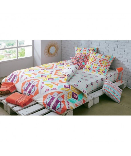 FINLANDEK Drap Housse GIPSY 100% coton  140 x 190 cm  Blanc, rouge, vert et doré